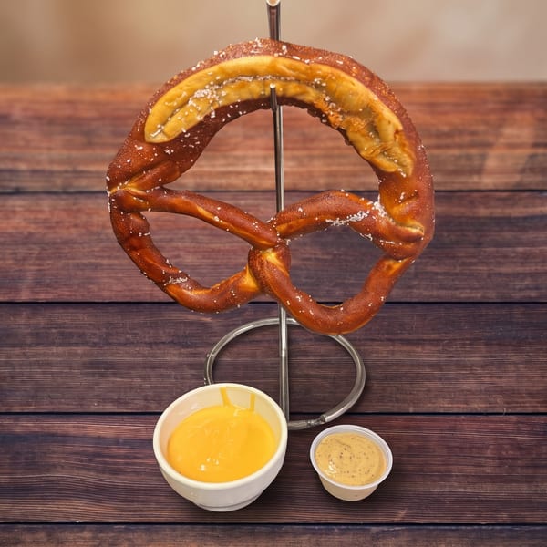Large salted pretzel on a stand with cheese sauce and mustard on a wooden table.