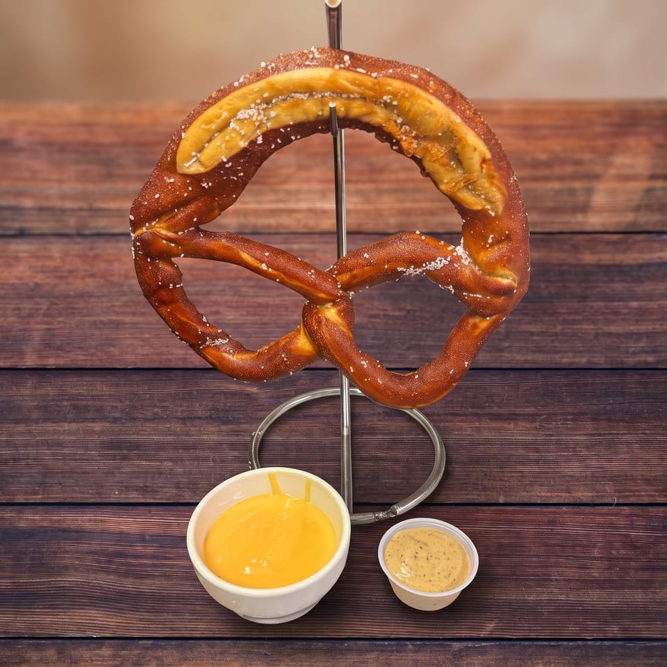 Large salted pretzel on a stand with cheese sauce and mustard on a wooden table.