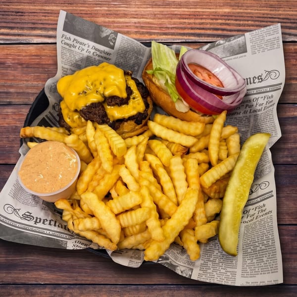 A double cheeseburger with fries, a pickle spear, and dipping sauce on newspaper-lined tray.